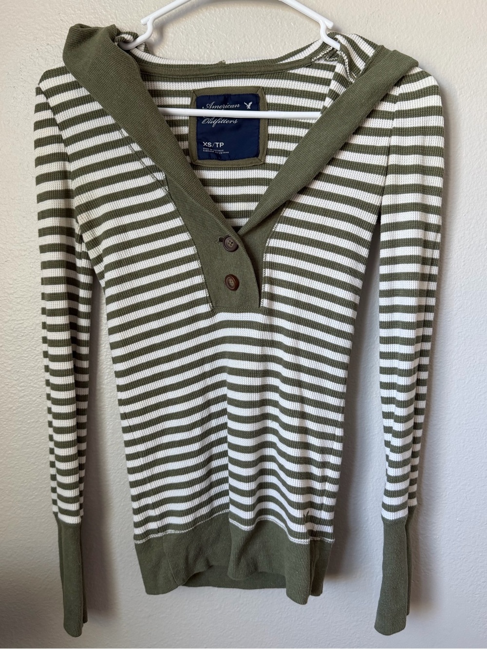 VTG American Eagle Outfitters Olive & White Striped Hooded Henley Sweater Y2K XS